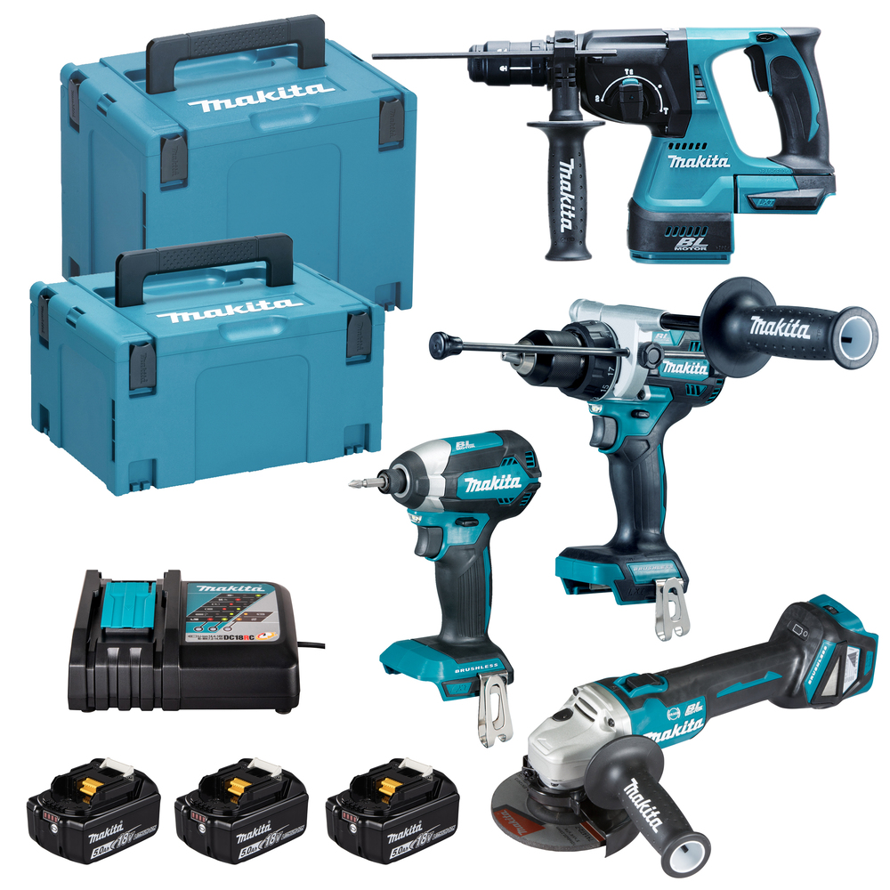 Makita DLX4192TJ COMBO KIT LXT 18V 3 BATTERIE TRAPANO TASSELLATORE AVVITATORE SMERIGLIATRICE