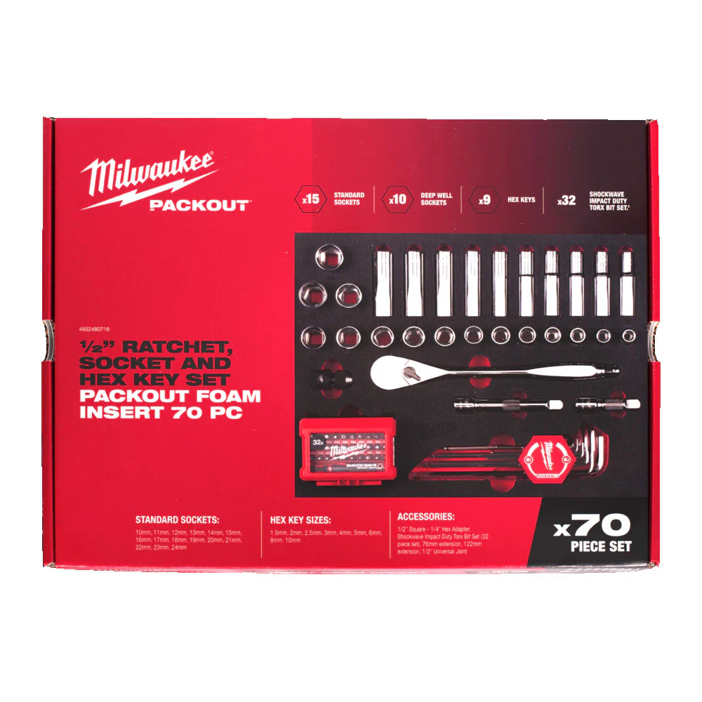 Milwaukee 4932480716 SET CRICCHETTO E BUSSOLE 1/2" IN TERMOFORMATO PACKOUT - 70 PEZZI - immagine 2